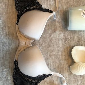 White bra with black lace trim